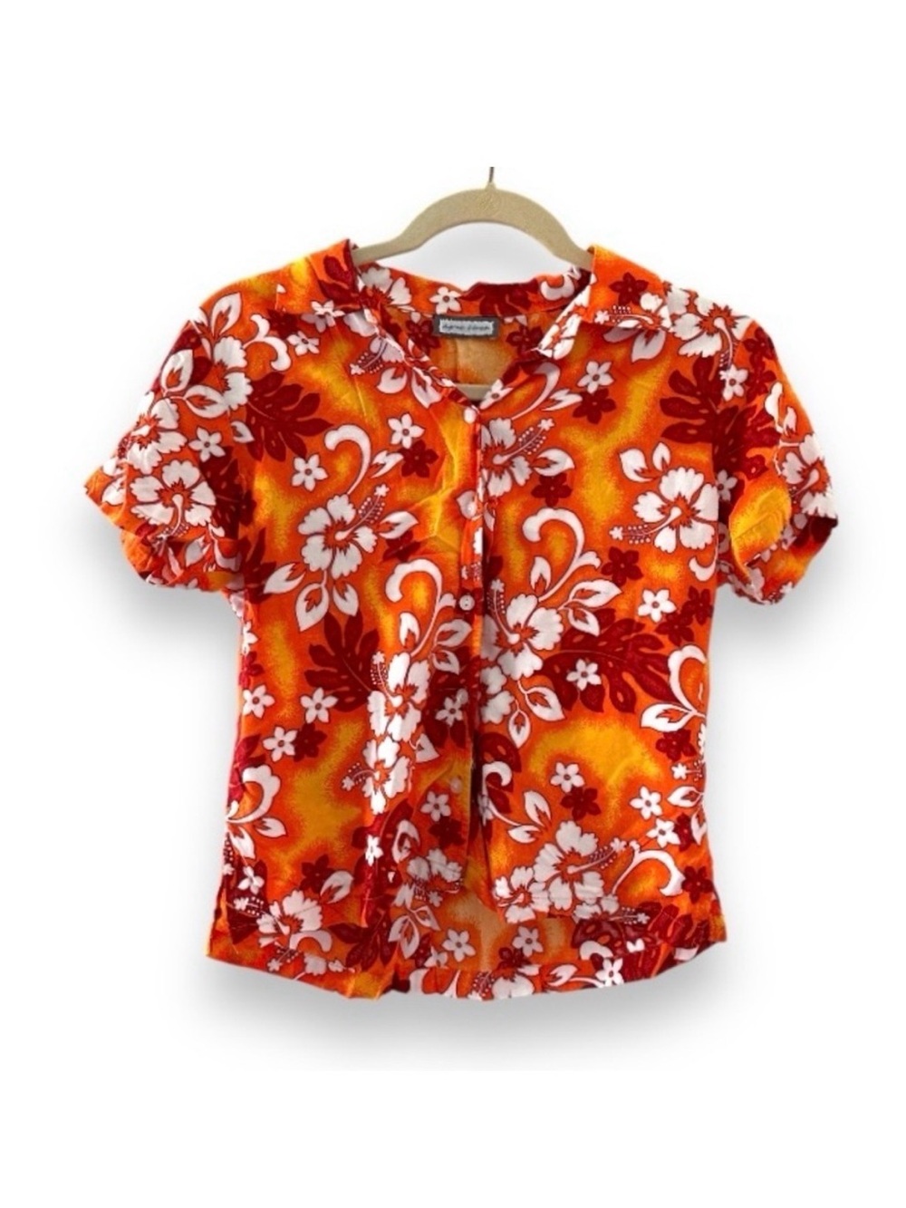 Vintage Aqua Blues Orange Cropped Hawaiian Shirt Women’s Size Small Aloha Vacay